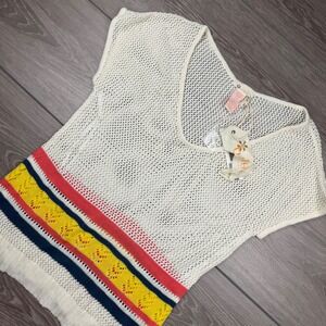Tulle Womens Sweater Open Knit Crochet Striped Ivory Large New